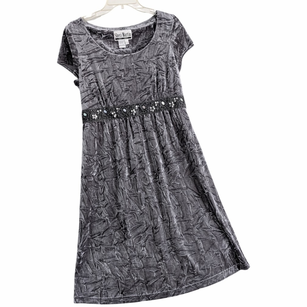 Sheri Martin Crushed Velvet Embellished Empire Waist Dress,Grey, Size 12